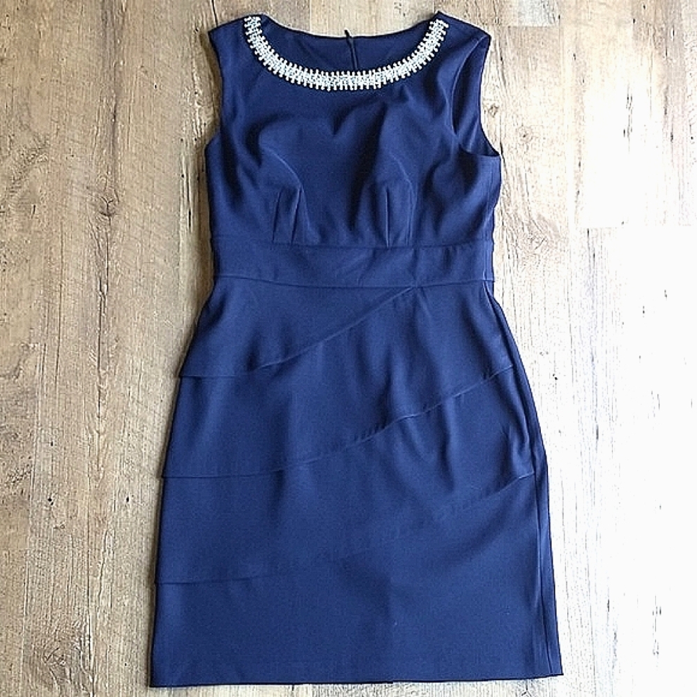 Connected Apparel Navy Blue Scoop Jewel Rhinestone Sequin Neckline Midi Dress